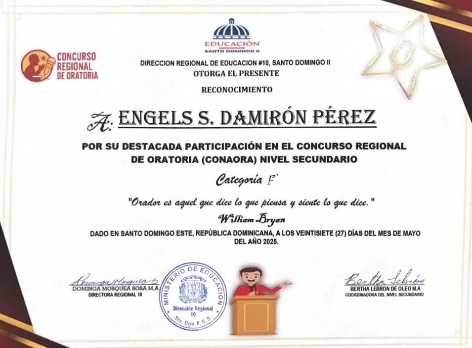 Certificado de participación en concurso regional de oratoria