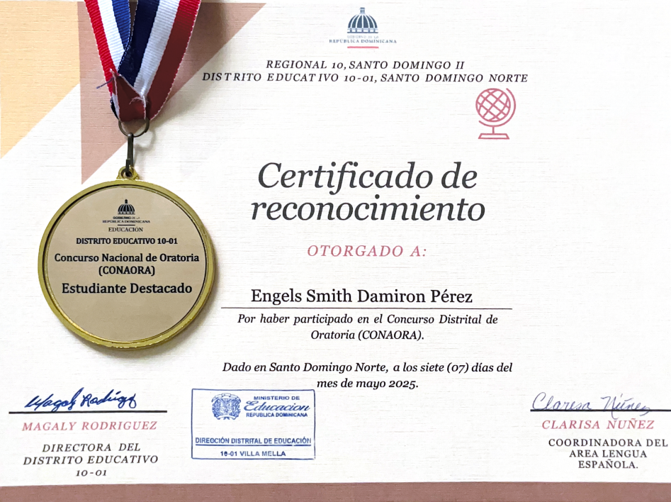 Medalla y certificado del concurso CONAORA
